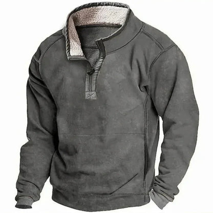 Grauer Herrenpullover mit Reißverschluss und Fleecefutter, warm und modisch, ideal für Herbst und Winter. Bequeme Freizeitkleidung.