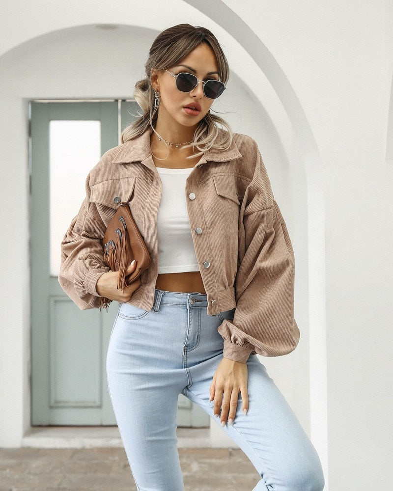 Damen Cropped Jacke Mit Taschen Und Knöpfen