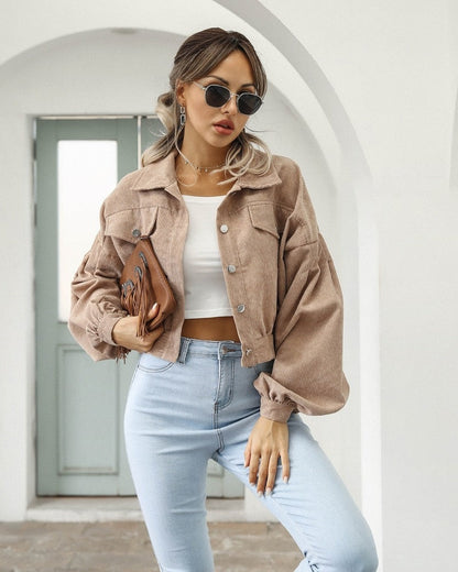 Damen Cropped Jacke Mit Taschen Und Knöpfen