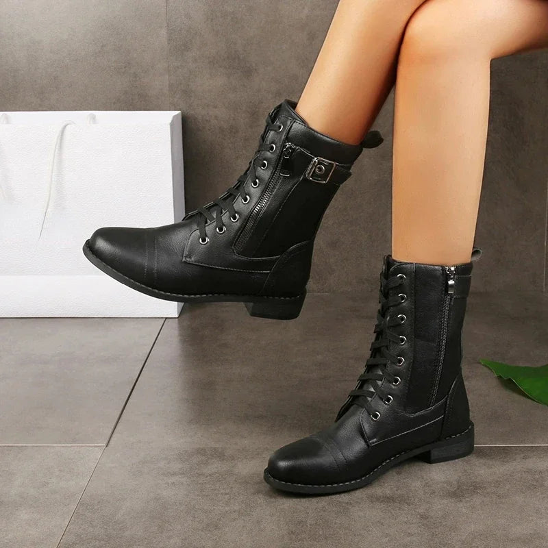 Damen-Kurzstiefel mit Seitlichem Reißverschluss, Schnalle und Niedrigem Blockabsatz