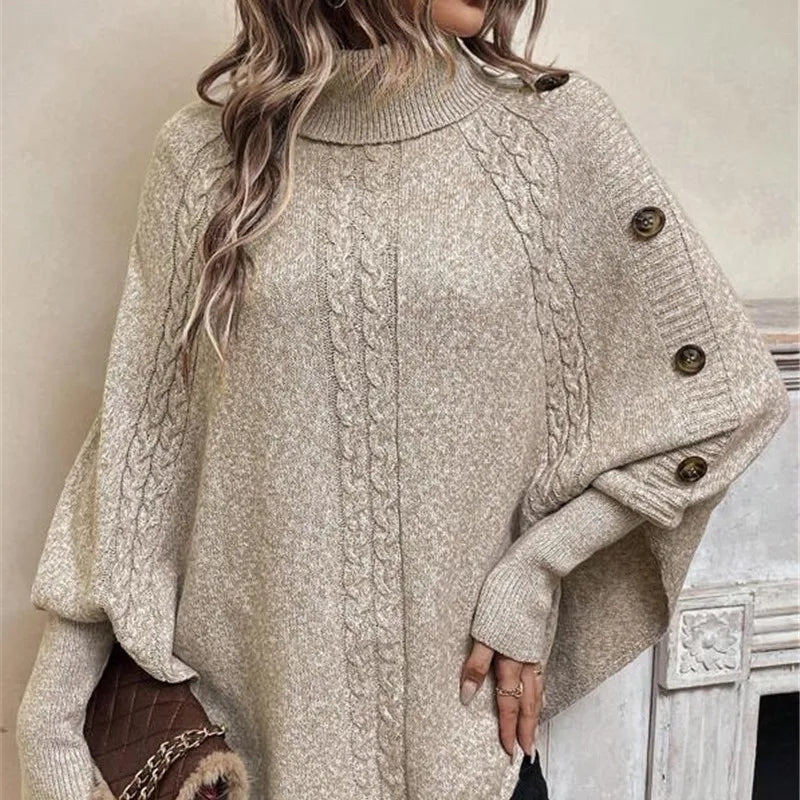 Damen Poncho Rollkragen Mit Strukturstrick Und Knopfärmeln