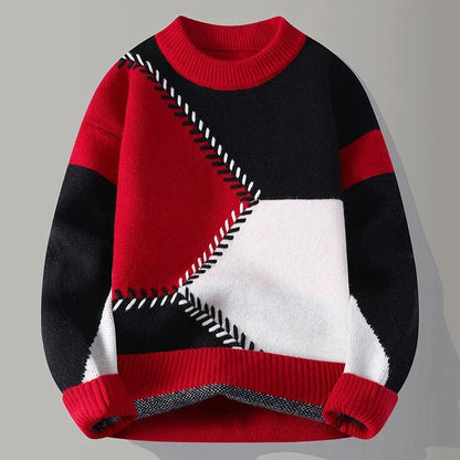 Bunter Strickpullover mit geometrischem Muster in Rot, Schwarz und Weiß. Modischer Herrenpullover, ideal für Herbst und Winter.