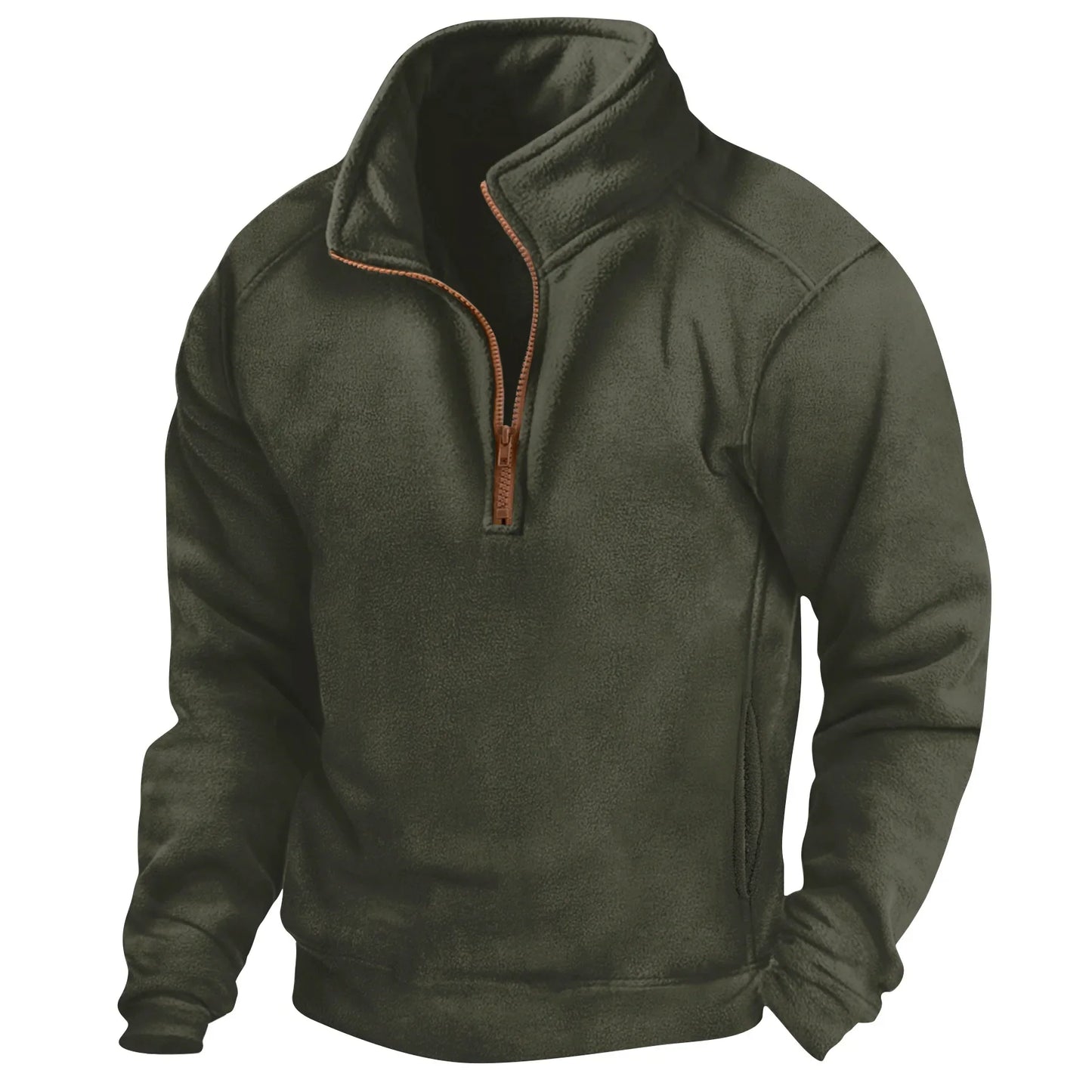 Dunkelgrüner Fleece-Pullover mit Reißverschluss, Stehkragen und langen Ärmeln. Ideal für Outdoor-Aktivitäten und kühles Wetter.