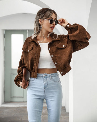 Damen Cropped Jacke Mit Taschen Und Knöpfen