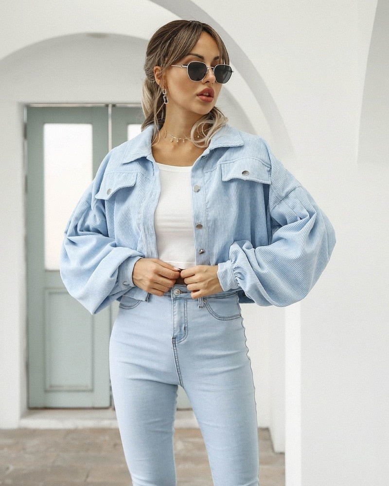 Damen Cropped Jacke Mit Taschen Und Knöpfen