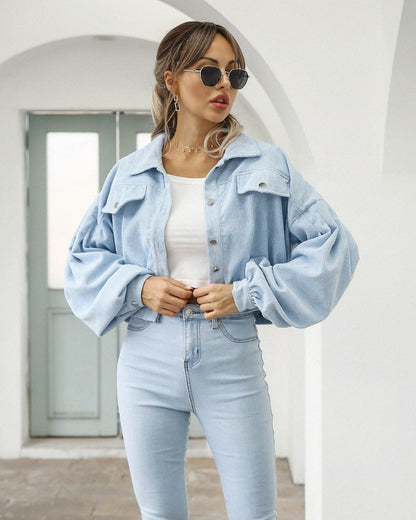 Damen Cropped Jacke Mit Taschen Und Knöpfen