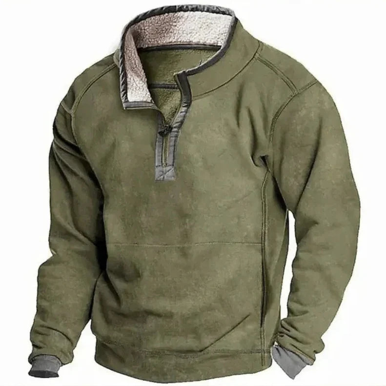 Grüne Herren-Fleecejacke mit Reißverschluss und Stehkragen, warmes Innenfutter, ideal für Outdoor-Aktivitäten im Herbst und Winter.