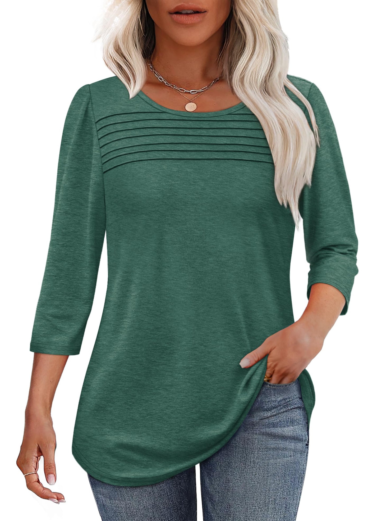 Damen 3/4-Arm-Top Mit Plissierter Front, Rundem Ausschnitt Und Abgerundetem Saum
