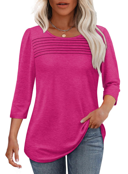 Damen 3/4-Arm-Top Mit Plissierter Front, Rundem Ausschnitt Und Abgerundetem Saum