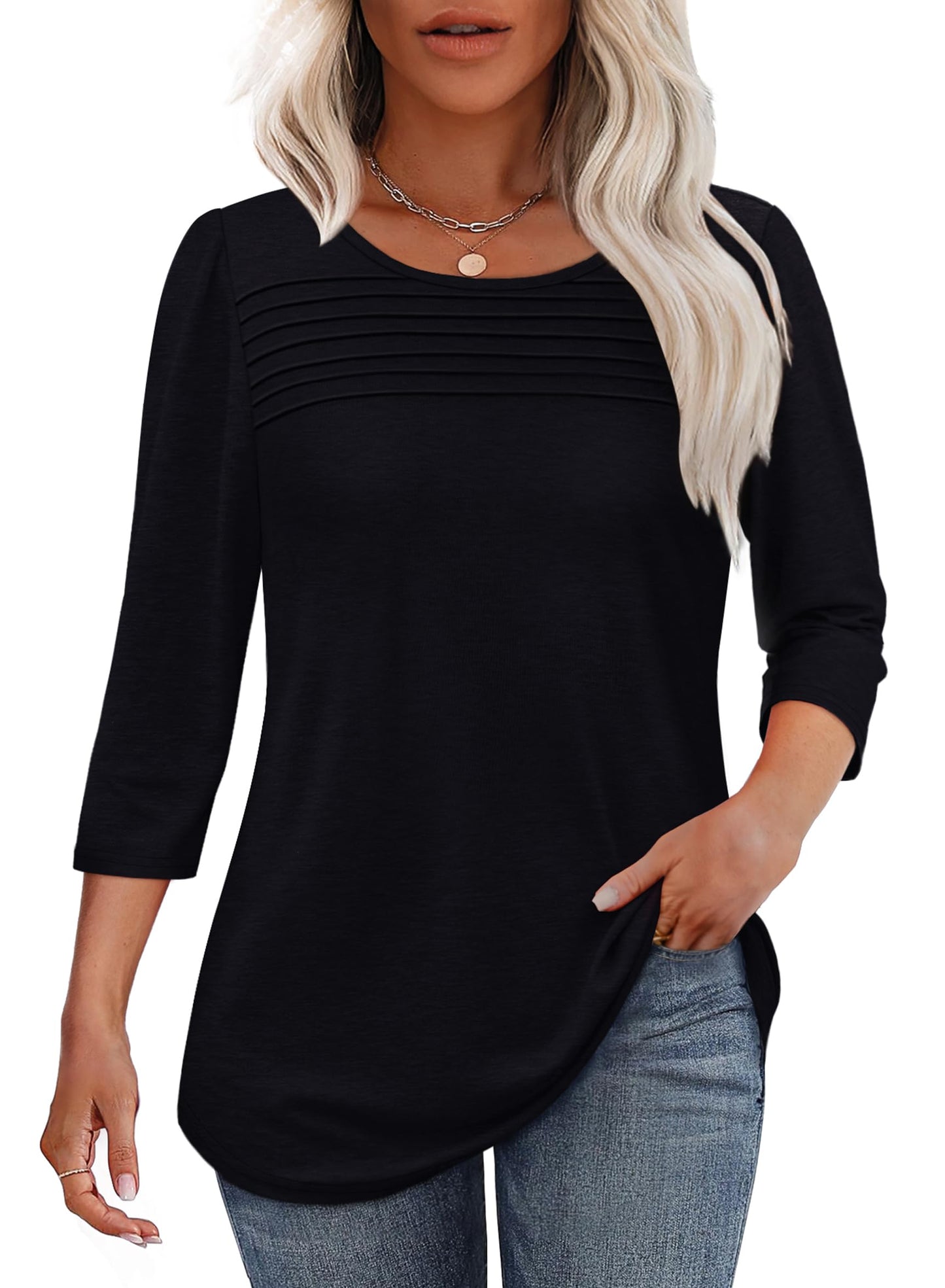 Damen 3/4-Arm-Top Mit Plissierter Front, Rundem Ausschnitt Und Abgerundetem Saum