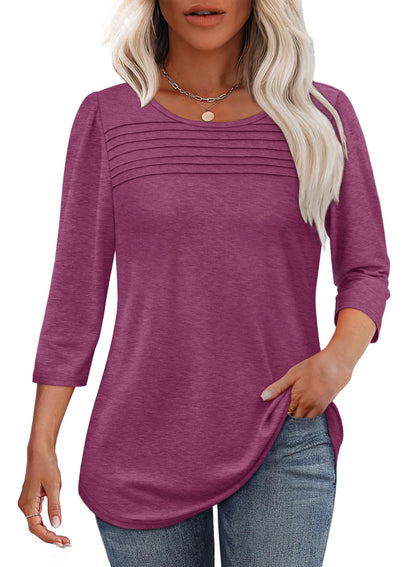Damen 3/4-Arm-Top Mit Plissierter Front, Rundem Ausschnitt Und Abgerundetem Saum