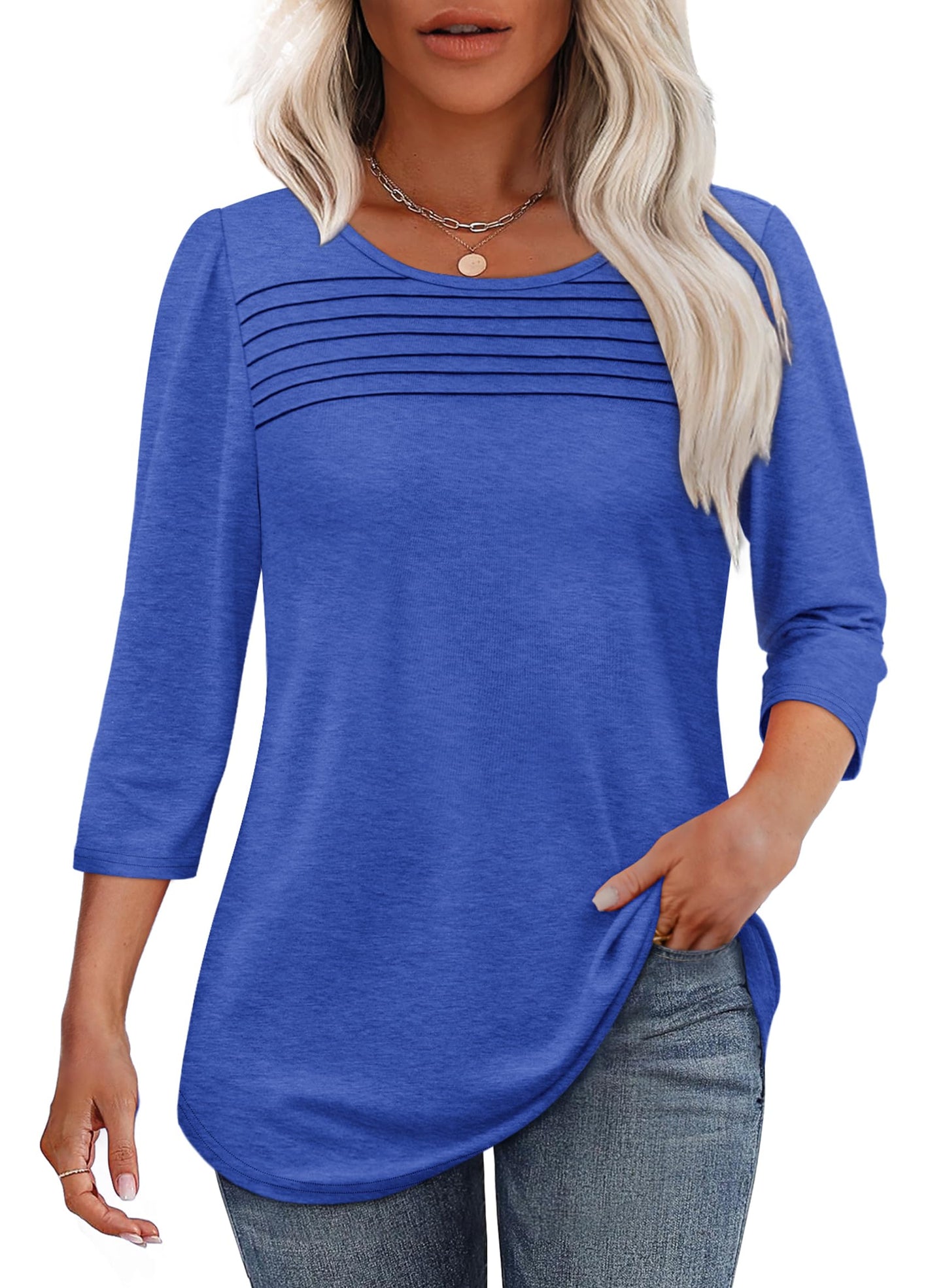 Damen 3/4-Arm-Top Mit Plissierter Front, Rundem Ausschnitt Und Abgerundetem Saum