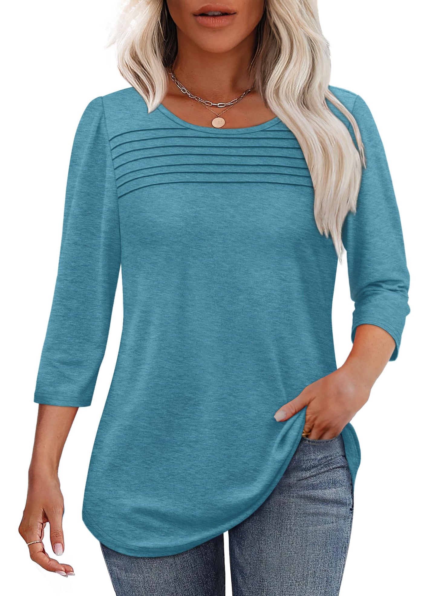 Damen 3/4-Arm-Top Mit Plissierter Front, Rundem Ausschnitt Und Abgerundetem Saum