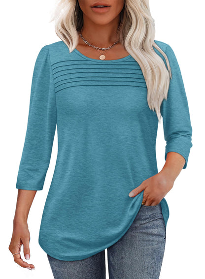 Damen 3/4-Arm-Top Mit Plissierter Front, Rundem Ausschnitt Und Abgerundetem Saum