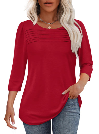 Damen 3/4-Arm-Top Mit Plissierter Front, Rundem Ausschnitt Und Abgerundetem Saum