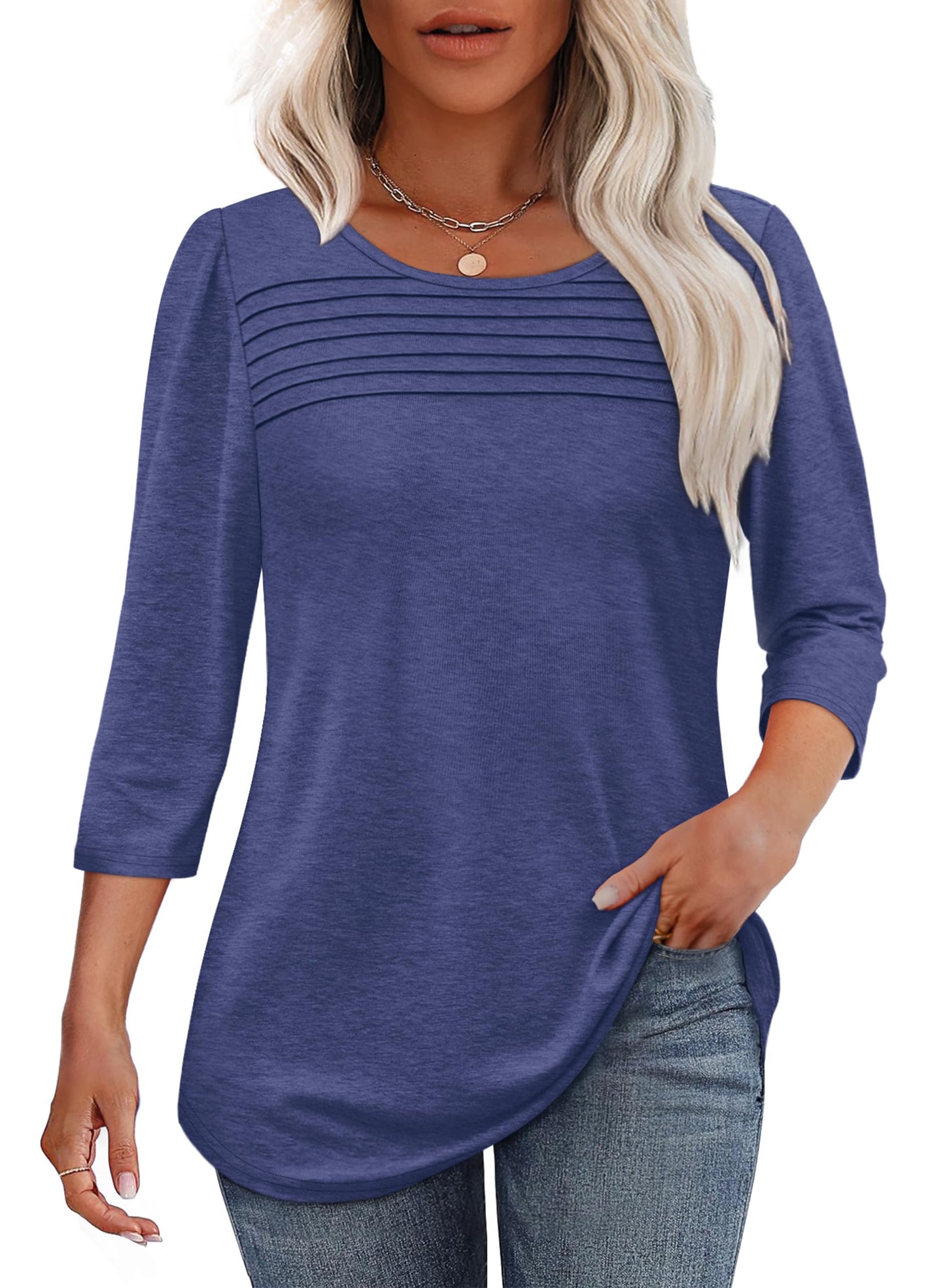 Damen 3/4-Arm-Top Mit Plissierter Front, Rundem Ausschnitt Und Abgerundetem Saum