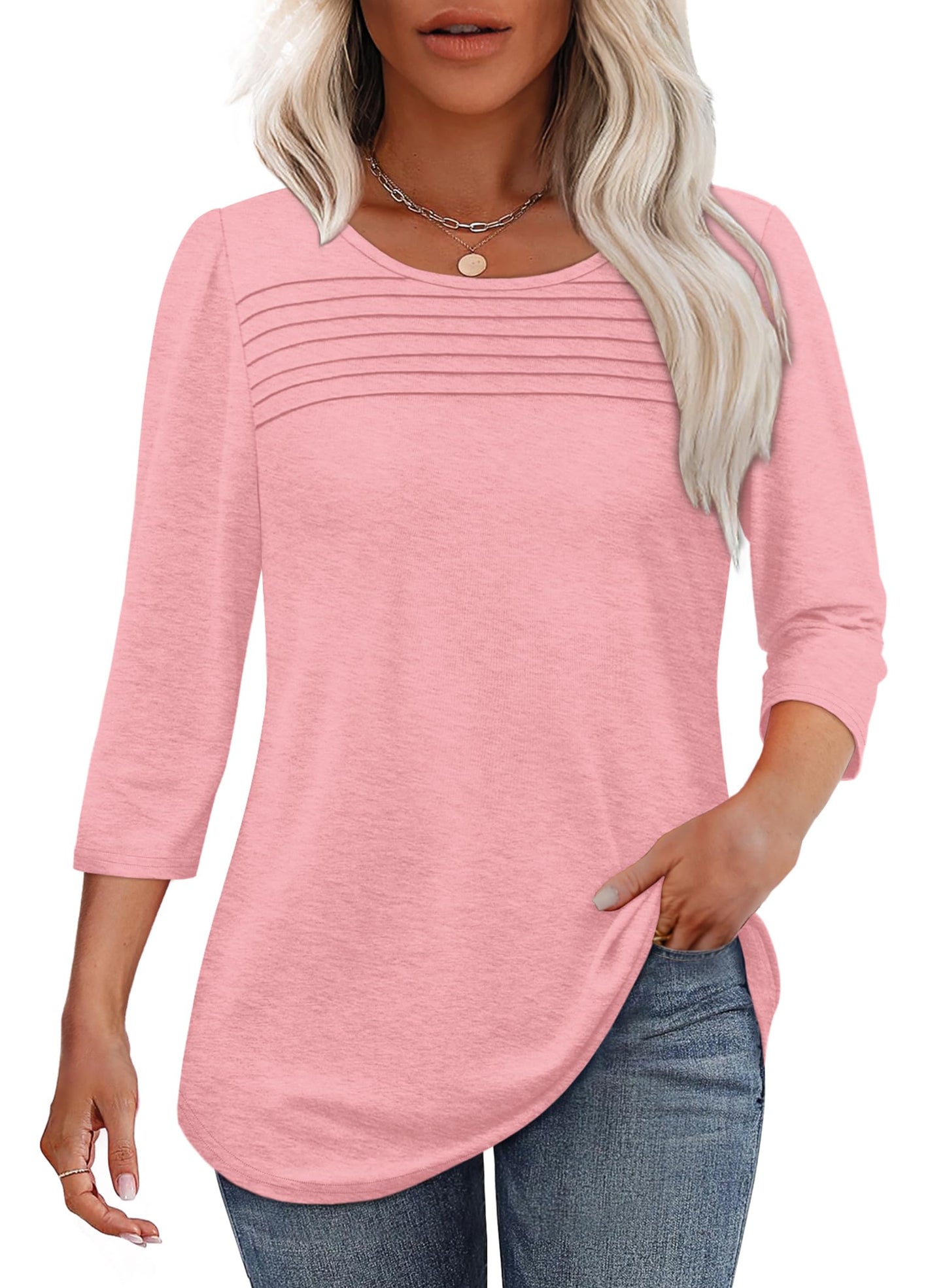 Damen 3/4-Arm-Top Mit Plissierter Front, Rundem Ausschnitt Und Abgerundetem Saum