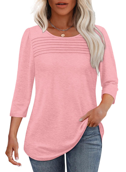 Damen 3/4-Arm-Top Mit Plissierter Front, Rundem Ausschnitt Und Abgerundetem Saum