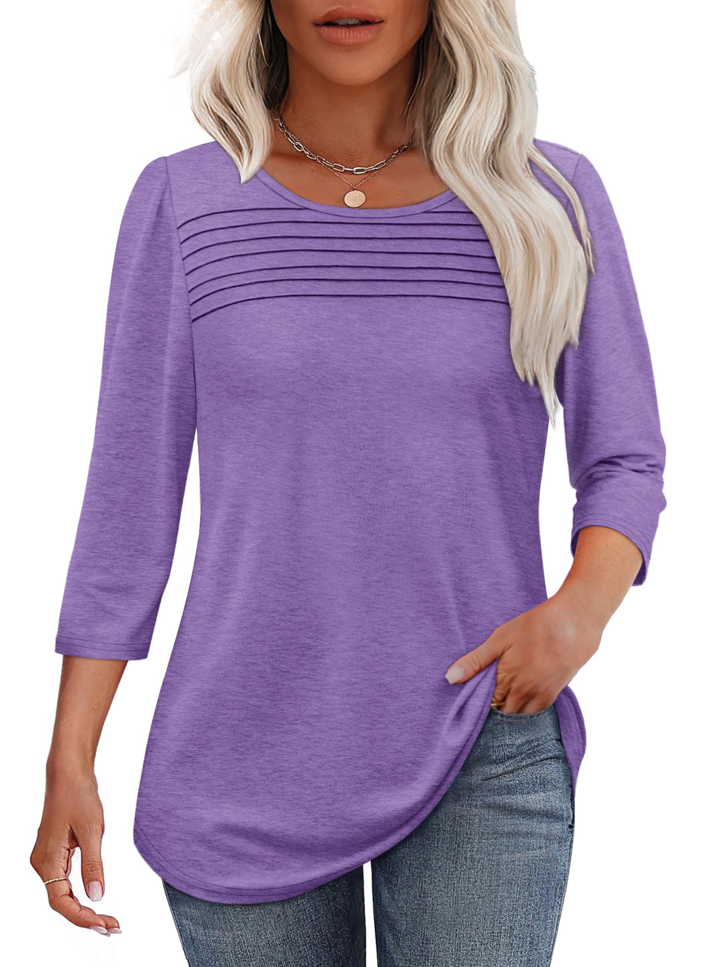 Damen 3/4-Arm-Top Mit Plissierter Front, Rundem Ausschnitt Und Abgerundetem Saum