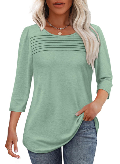 Damen 3/4-Arm-Top Mit Plissierter Front, Rundem Ausschnitt Und Abgerundetem Saum