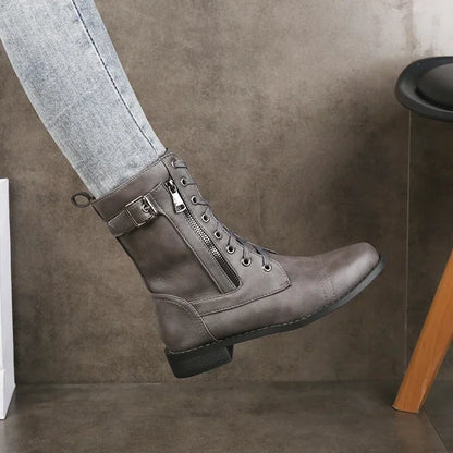 Damen-Kurzstiefel mit Seitlichem Reißverschluss, Schnalle und Niedrigem Blockabsatz