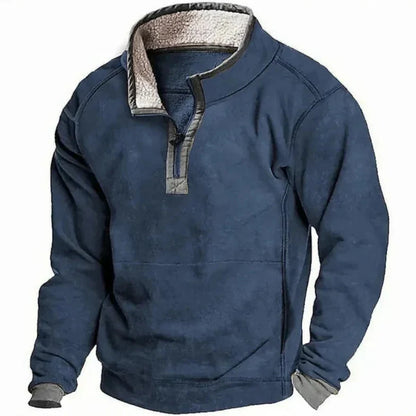 Dunkelblauer Herrenpullover mit Reißverschluss und Fleecefutter, warm und modisch, ideal für Herbst und Winter. Perfekt für Outdoor-Aktivitäten.
