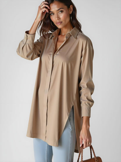 Damen Oversize-Hemdkleid Mit Reverskragen, Knopfleiste Und Seitenschlitz