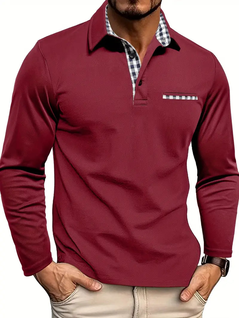 Herren Langarmshirt in Bordeauxrot mit kariertem Kragen und Brusttasche. Modisches Design, ideal für Freizeit und Büro. Hochwertige Herrenmode.