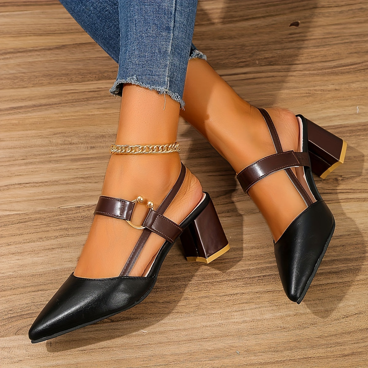 Damen Slingback Heels Spitzzehen Blockabsatz Schnalle