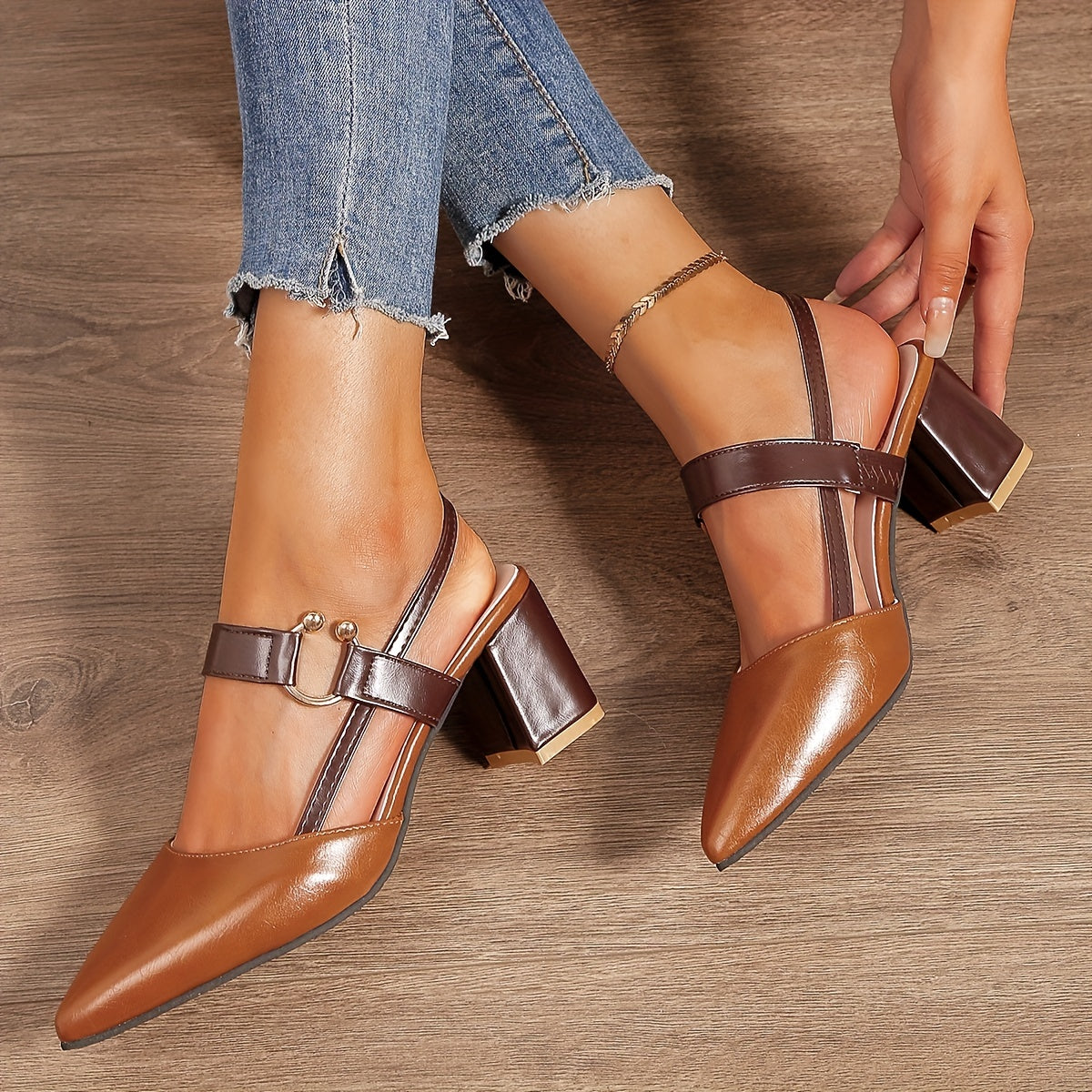 Damen Slingback Heels Spitzzehen Blockabsatz Schnalle