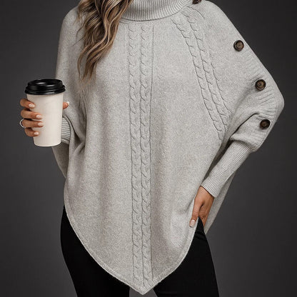 Damen Poncho Rollkragen Mit Strukturstrick Und Knopfärmeln