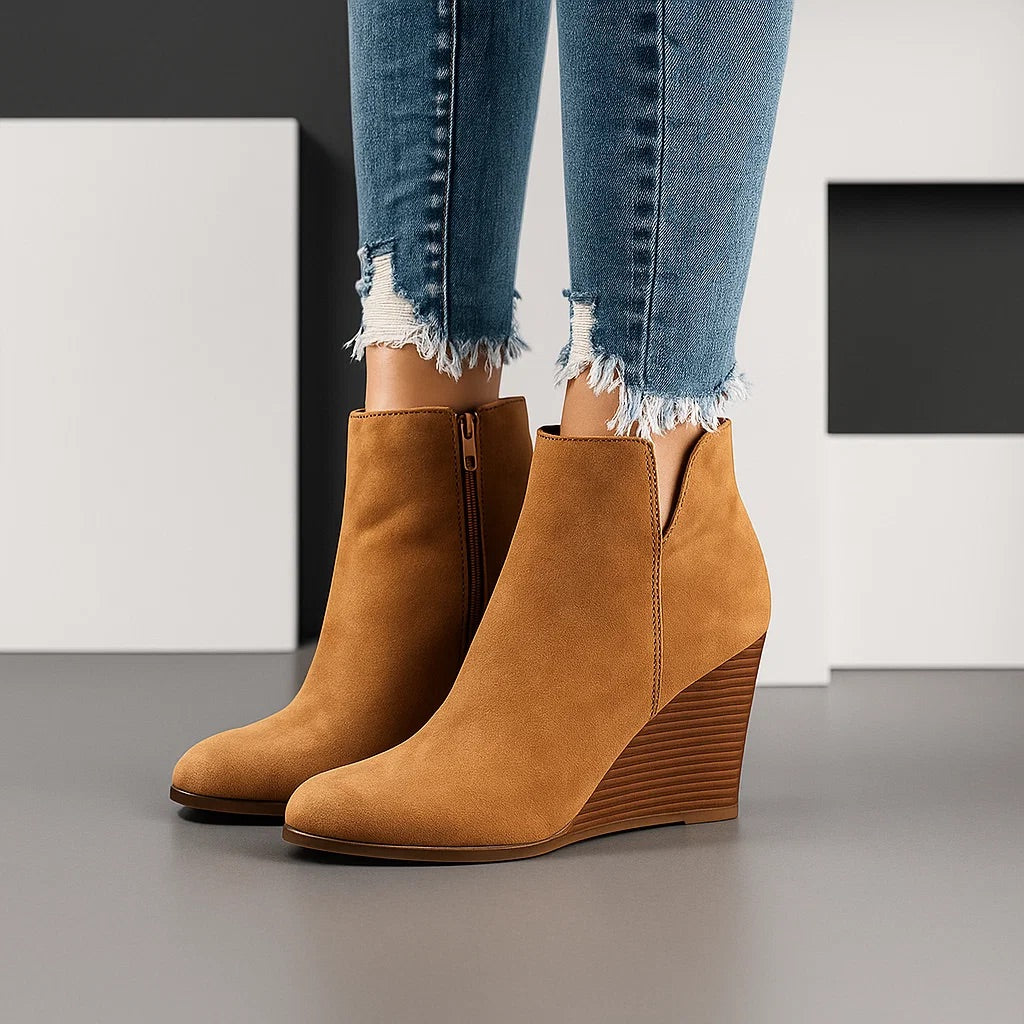 Damen Stiefeletten Keilabsatz Seitenreißverschluss