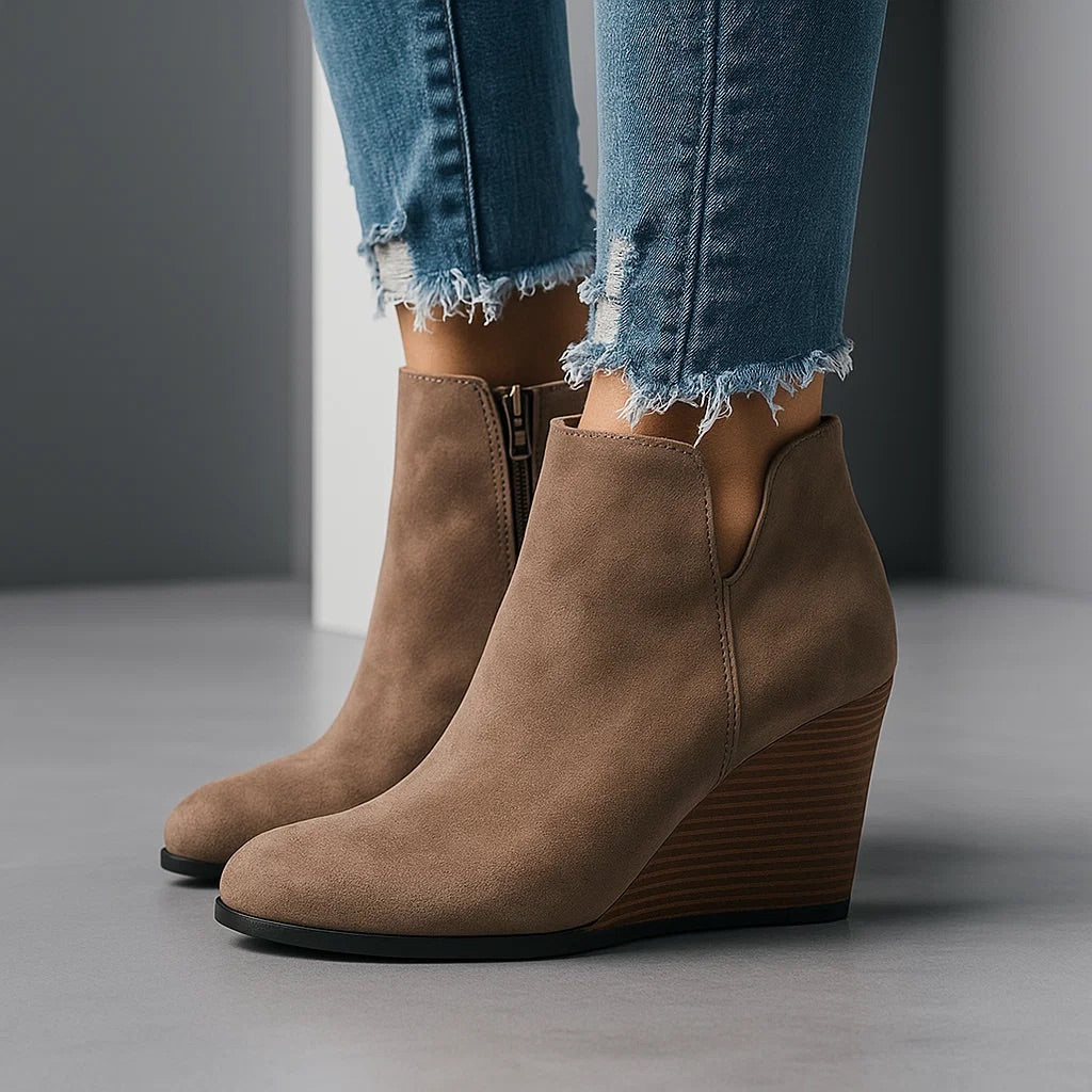 Damen Stiefeletten Keilabsatz Seitenreißverschluss