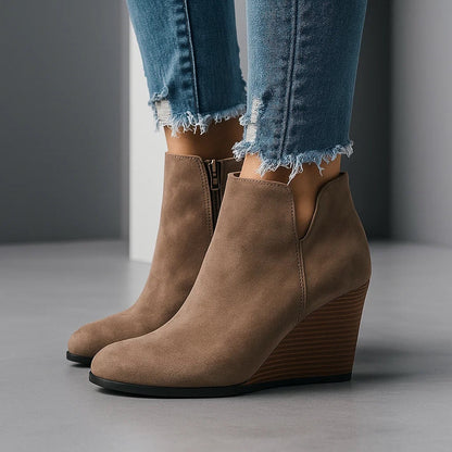 Damen Stiefeletten Keilabsatz Seitenreißverschluss