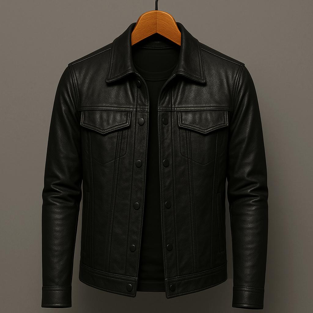 Schwarze Lederjacke auf Holzkleiderbügel, klassisches Design mit Knopfleiste und Brusttaschen, ideal für modische Herrenbekleidung.