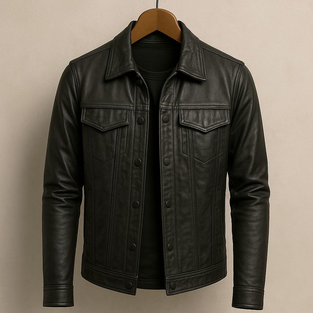 Schwarze Lederjacke auf Holzkleiderbügel, klassisches Design mit Knopfleiste und Brusttaschen, modische Herrenbekleidung, zeitloser Stil.