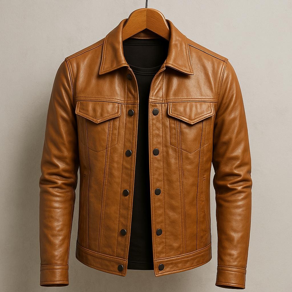 Braune Lederjacke auf Holzkleiderbügel, klassisches Design mit Knopfleiste und Brusttaschen, ideal für Herrenmode und Herbsttrends.