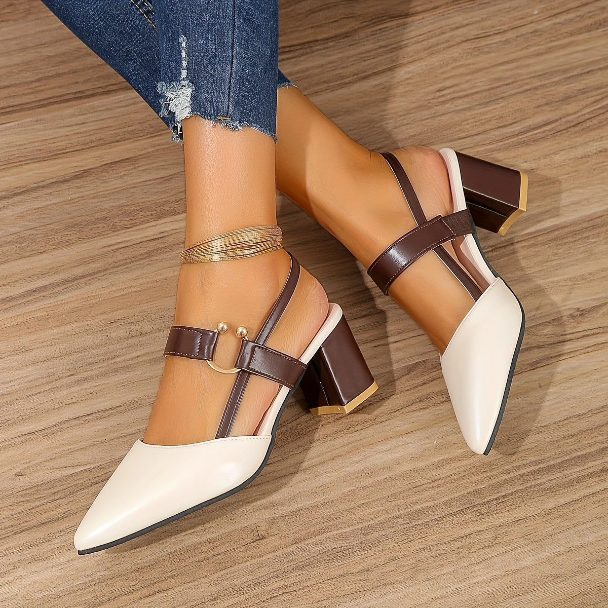 Damen Slingback Heels Spitzzehen Blockabsatz Schnalle