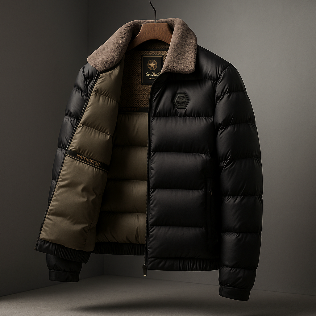 Herren Winter Daunenjacke Matt Schwarz Gefüttert Mit Reißverschluss