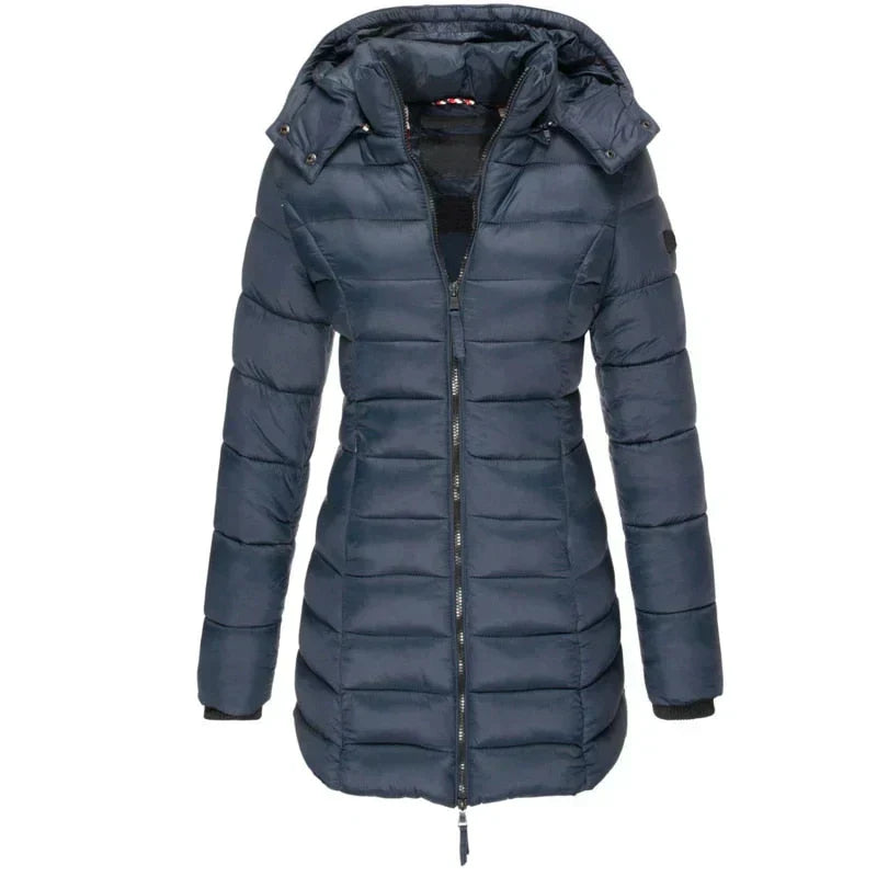 Dunkelblaue Damen-Winterjacke mit Kapuze, gesteppter Daunenmantel, Reißverschluss, warm, modisch, ideal für kalte Temperaturen.
