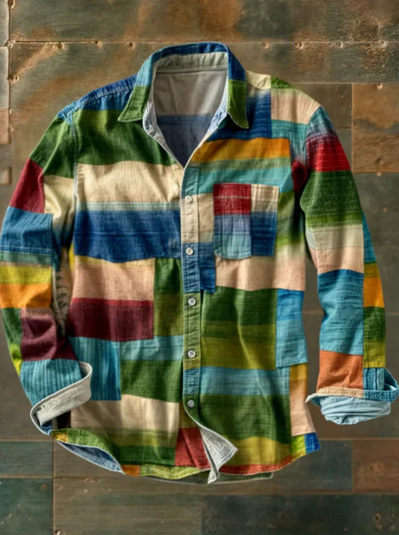 Buntes Patchwork-Hemd aus Baumwolle mit langen Ärmeln, kariertem Muster und Knopfleiste, ideal für modische Freizeitkleidung.