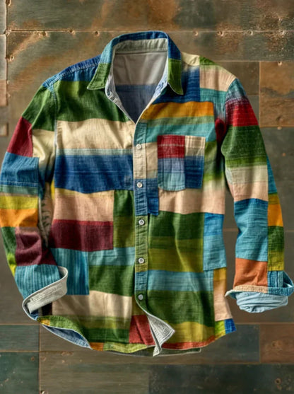 Buntes Patchwork-Hemd aus Baumwolle mit langen Ärmeln, kariertem Muster und Knopfleiste, ideal für modische Freizeitkleidung.