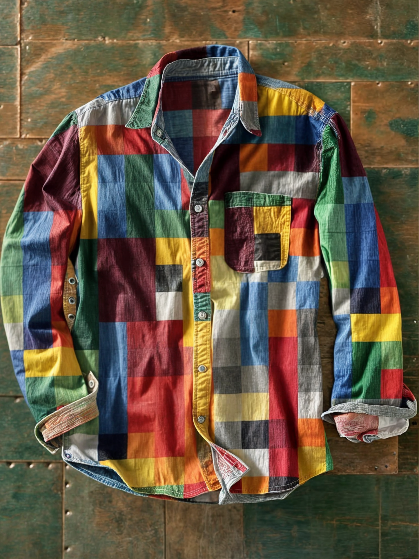 Buntes kariertes Hemd aus Baumwolle auf rustikalem Holztisch, modisches Design, langärmlig, ideal für Freizeitkleidung und trendige Outfits.