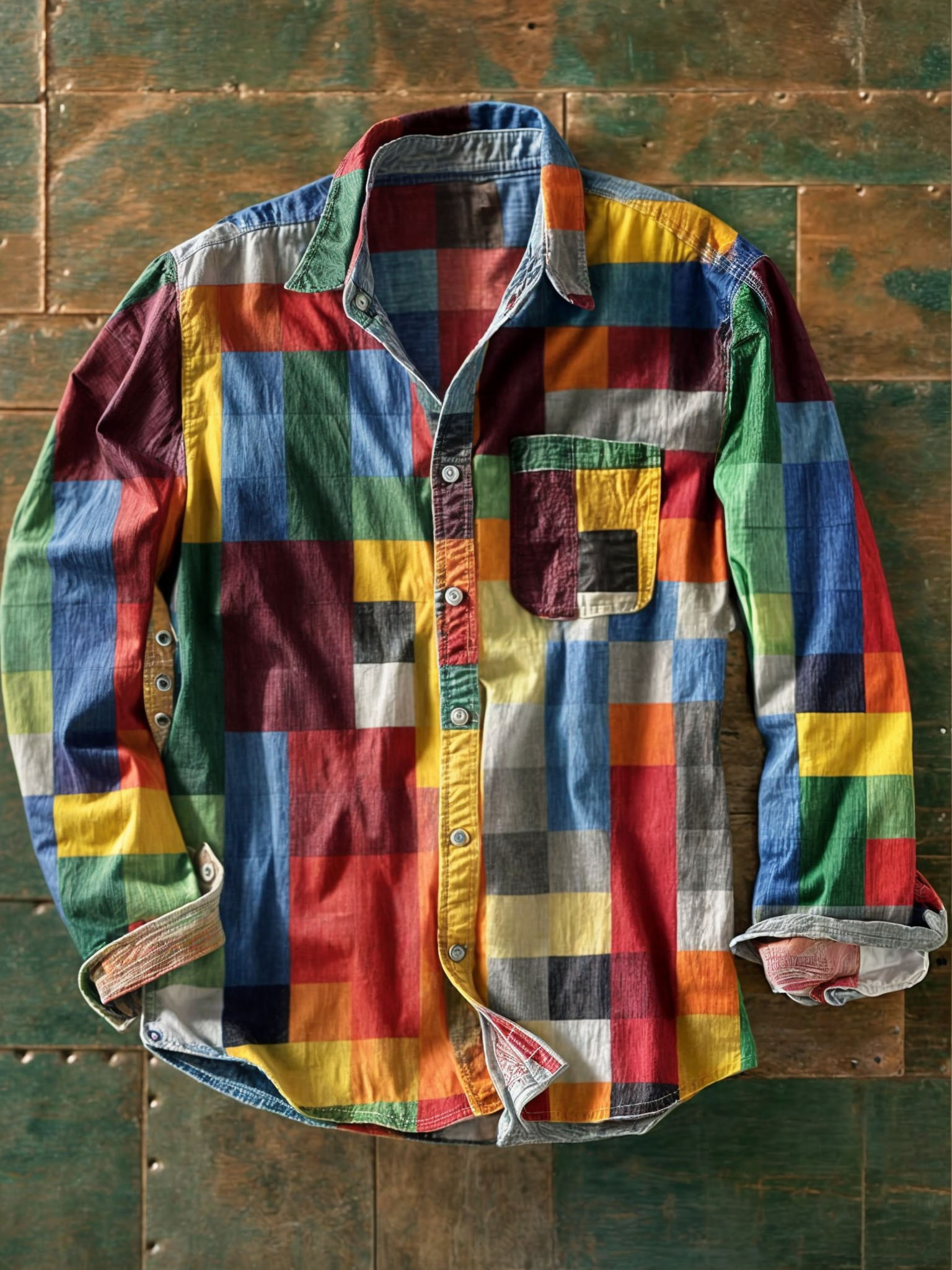 Buntes kariertes Hemd aus Baumwolle auf rustikalem Holztisch, modisches Design, langärmlig, ideal für Freizeitkleidung und trendige Outfits.