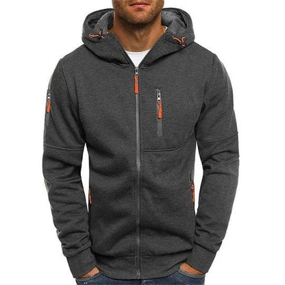 Grauer Herren-Hoodie mit Reißverschluss, Kapuze und Taschen. Modischer Freizeitpullover für Männer, ideal für Herbst und Winter.