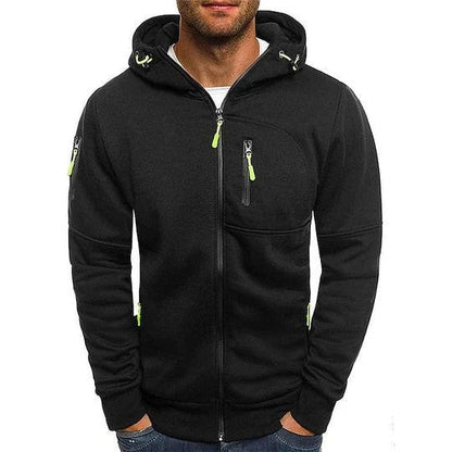 Schwarzer Herren-Hoodie mit Kapuze, Reißverschlüssen und grünen Akzenten. Bequeme Freizeitmode, ideal für Herbst und Winter.
