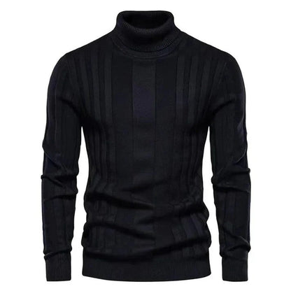 Schwarzer Rollkragenpullover für Herren, gestrickt, mit vertikalen Streifen. Modischer, warmer Winterpullover, ideal für elegante Freizeitoutfits.