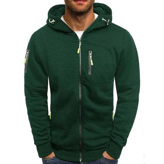 Dunkelgrüner Herren-Hoodie mit Reißverschluss, Kapuze und Taschen. Modischer Kapuzenpullover für Männer, ideal für Freizeit und Sport.