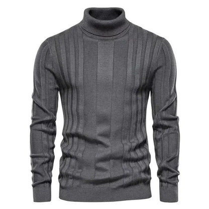 Grauer Herren-Rollkragenpullover aus Strick mit vertikalem Rippmuster, ideal für Herbst- und Wintermode. Eleganter, warmer Pullover für Herren.