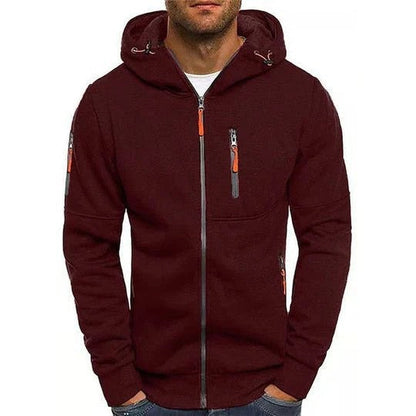 Dunkelrote Herren-Kapuzenjacke mit Reißverschluss, Taschen und Kapuze. Modische Freizeitkleidung, ideal für Herbst und Winter.
